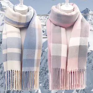 Women'S New Autumn And Winter Fresh Elegant Faux Cashmere Plaid Fringe Scarf, Stylish And Versatile Warm Neck Wrap.