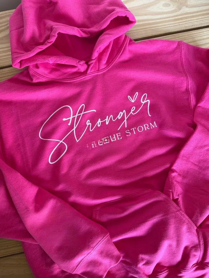 Gildan Pink Stronger Than The Storm Hoodies Unisex Pullover with Heart Cross Matching Sleeve Print