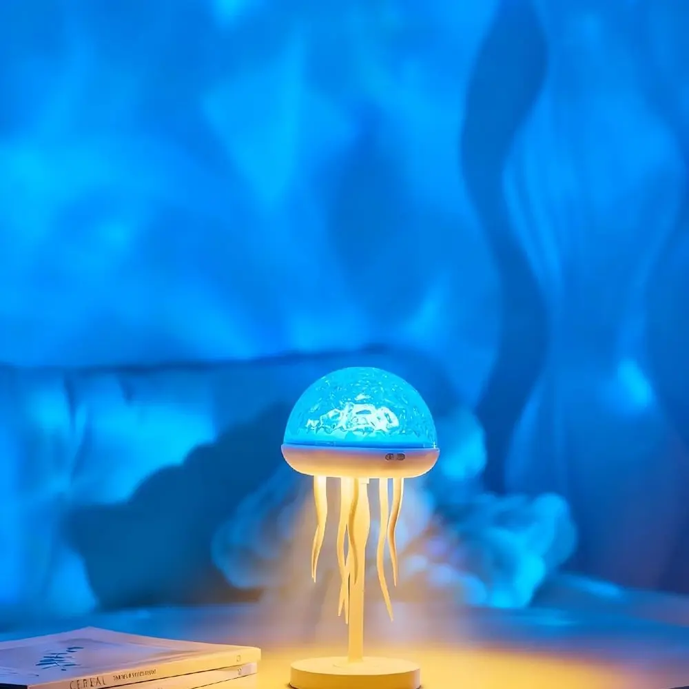 2-in-1 Wireless Hybrid Ambient Lighting Jellyfish Lamp - Ocean Wave Projector with Remote Control, 7-Color Shifting 3D Water Ripples, Rechargeable Adjustable Night Light, Plastic-Silicone Build, Batteries Included for Bedroom Kids