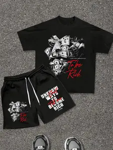 Unisex 'to Be Rich' Money Print Two-Piece Set, Street Style T-Shirt & Shorts, Streetwear, Hip Hop Fashion, Summer, Perfect Gift for Boyfriend