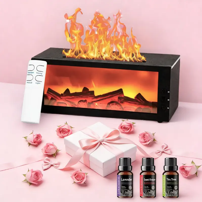 Pniaw 300ml Flame Effect Aromatherapy Essential Diffuser - USB Powered Humidifier Set with LED Light, Timer, Remote Control, Auto-Off Protection, Bourbon Scent, Sleep Aid for Home Decor Gifts, Back to School Haul