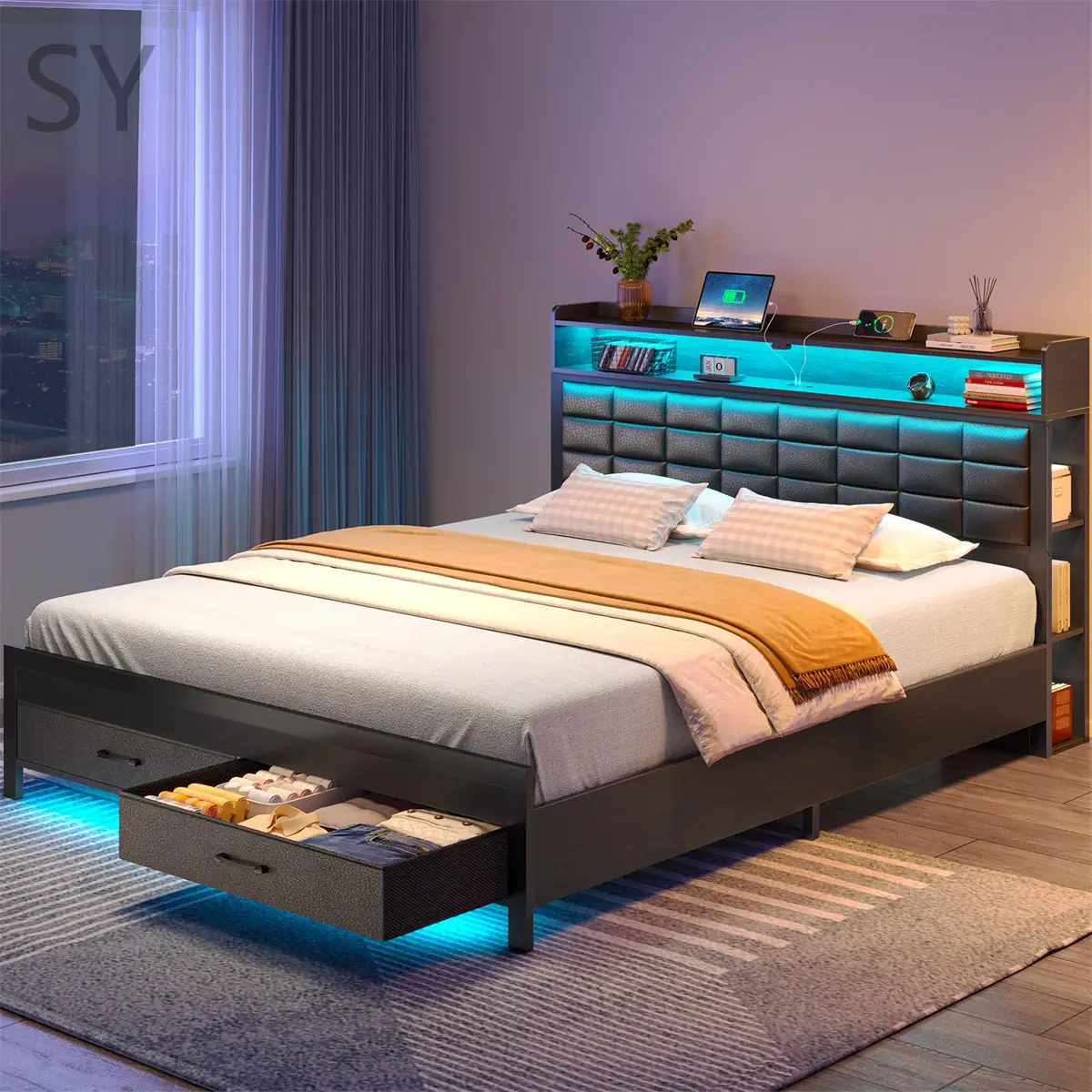 SY-Hot Selling Upholstered Platform Bed with Charging Station and LED Light,Bed Frame with Storage Headboard and 2 Drawers,No Box Spring Needed,Noise