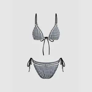 Cider V-neck Gingham Bowknot Triangle Tie Side Bikini Set