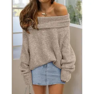 Women's Off-Shoulder Long Sleeve Pullover Sweater, Solid Color Casual Cozy Stylish Elegant Loose Fit Sweater Top for Fall & Winter, Ladies Fashion Sweater, Women Fall Outfit, Cute Winter Sweater for WomenGift