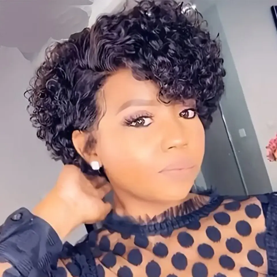 Bling Hair Short Pixie Cut Curly Wigs T Side part Brazilian Human Hair Curly Wigs Cheap 13X4X1 Transparent Lace Wig Preplucked Hairline Wigs For Black Women