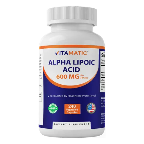 Vitamatic Natural Alpha Lipoic Acid Dietary Vitamin Supplement - 600 mg Per Serving, 240 Veg Capsules, GMP Assured, 24-Month Shelf Life, 2-Capsule Daily Routine for Adults, Antioxidant Support for Skin Care
