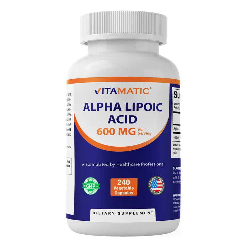 Vitamatic Natural Alpha Lipoic Acid Dietary Vitamin Supplement - 600 mg Per Serving, 240 Veg Capsules, GMP Assured, 24-Month Shelf Life, 2-Capsule Daily Routine for Adults, Antioxidant Support for Skin Care