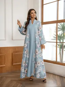 Women's Floral Print Long Sleeve Muslim Kaftan Dress, Elegant Fashion Casual Modest Style Dress for Daily Outdoor Wear, Women's Islamic Clothing for All Seasons, Classy Modest Dresses, Modestdresses