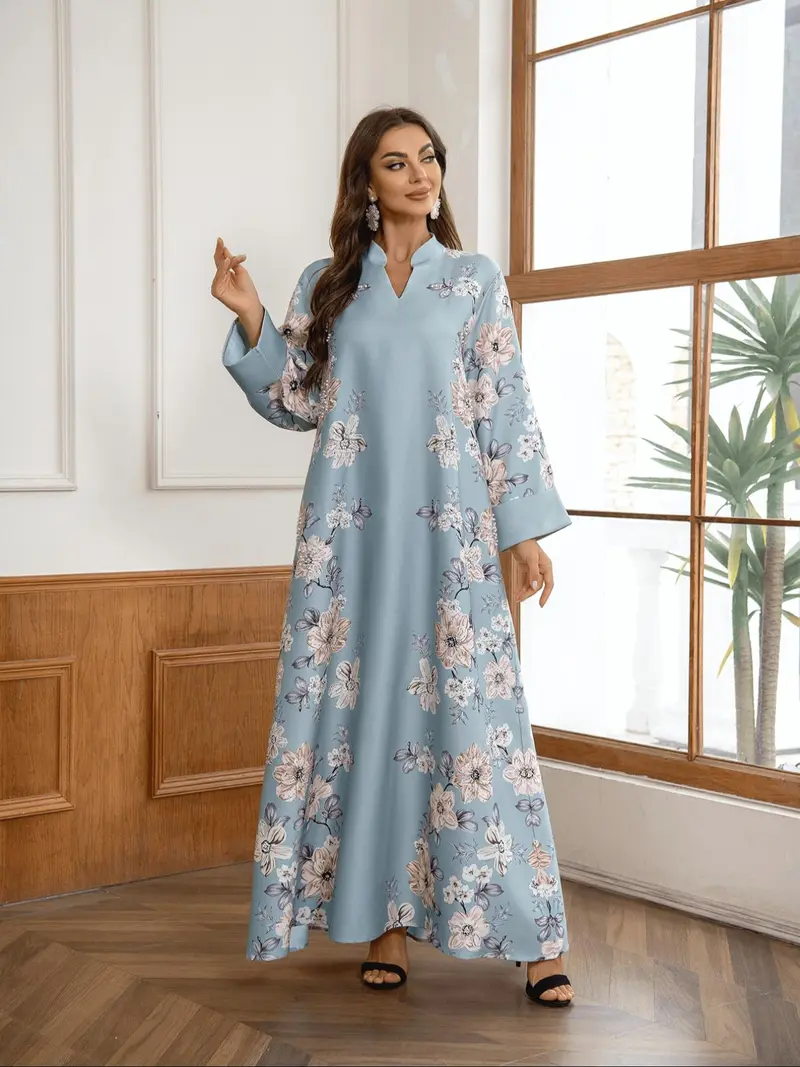 Women's V Neck Long Sleeve Long Dress, Womenswear All-Season Loose Fit A-Line Print Jalabiya, Soft 75D Stretch Fabric, Chic Elegant Arabic Clothing - TikTok Shop Women's V Neck Long Sleeve Long Dress, Womenswear All-Season Loose Fit A-Line Print Jalabiya, Soft 75D Stretch Fabric, Chic Elegant Arabic Clothing - TikTok Shop