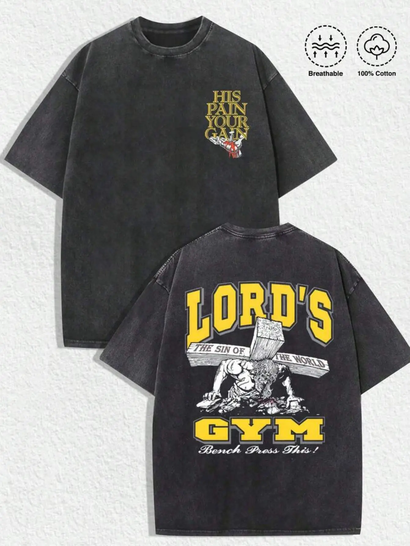 One Christian "Lord's Gym" graphic T-shirt: Dark wash top with the words "His suffering is your gain" and a small graphic printed on the front. Casual Crewneck Tshirt graphic tees
