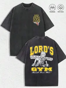One Christian "Lord's Gym" graphic T-shirt: Dark wash top with the words "His suffering is your gain" and a small graphic printed on the front. Casual Crewneck Tshirt graphic tees