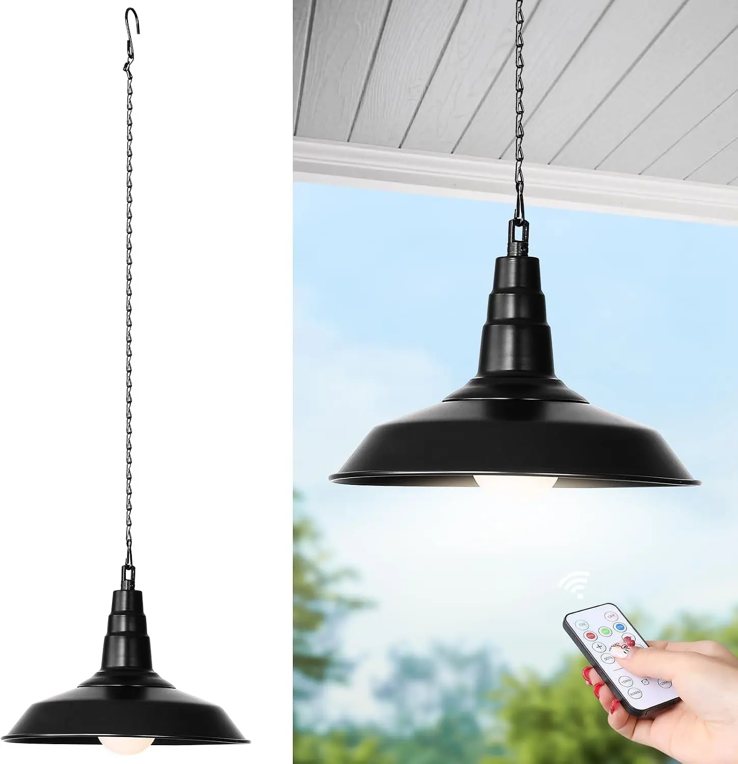 1 Pack Black Battery Operated Hanging Outdoor Chandelier, Rechargeable Portable Wireless Pendant Lights with Remote, Battery Powered Hanging Lamp Lantern for Indoor Outdoor Porch Patio Gazebo