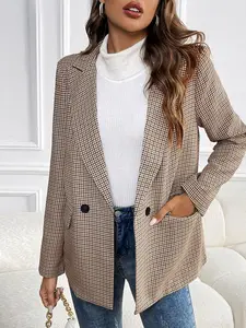 Women's Plaid Print Double Button Pocket Lapel Blazer, Casual Long Sleeve Outerwear for Fall & Winter, Ladies Clothes for Daily Wear