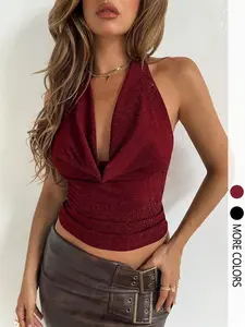 Women's sequined solid color backless camisole top, casual sleeveless top for summer, suitable for everyday women's wear.