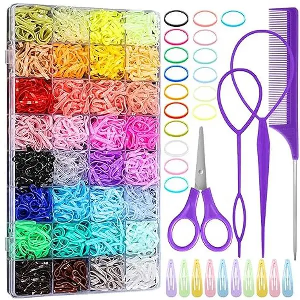 32 Colored Elastic Ties, 1700 Pieces Rubber Bands With 14 Styling Tools, Hair Tie Cutter and Accessories for Girls, Baby, Toddler, Kids