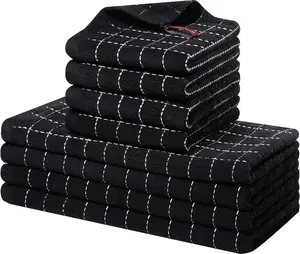 Kitchen Towels and Dishcloths Set, 12 x 12 and 13 x 28 Inches, Set of 8 Bulk Cotton Terry Kitchen Towels Set, Checkered Designed, Soft and Super Absorbent Dish Towels, Black Cleaning