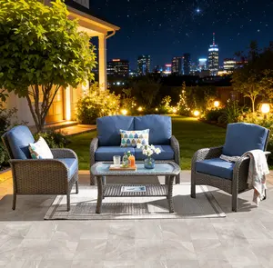 【Spring Limited-Time Sale】OOSWIFT 4-Piece PE Rattan Outdoor Wicker Sofa Set, All-Weather Black Rattan Conversation Bistro Loveseat with Soft Cushions and Premium Glass Table for Backyard, Balcony, and Patio