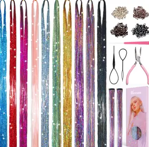 Hersun Hair Tinsel 10 Colors 3200 Strands 48in with Tools Fairy Tinsel Hair Extensions Kit Heat Resistant Colored Fairy Hair For Christmas Party Festival