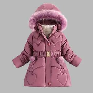 Autumn Winter Girls Coat Keep Warm Thicken Kids Jacket Hooded Zipper Princess Outerwear Children Clothing with Belt in Pocket, Seasonal Kids Wear, Cold Weather Coat, Stylish Children Coat, Filling, Cozy Winter Wear, Belted Jacket, Schoolage Kids, Children