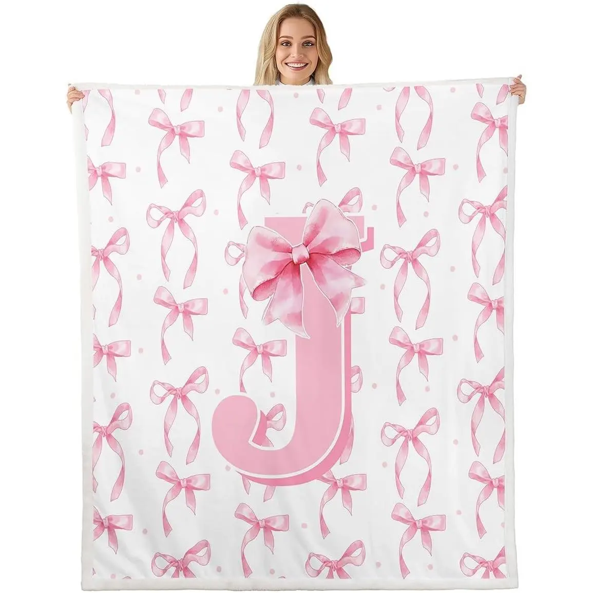 Initial Letter J Blanket Throw,Cute Pink Bow Blankets Pink Coquette Bow Fleece Blanket,Personalized Monogram Bows Sherpa Fuzzy Throw for Bed Couch Sofa