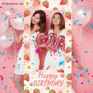 One strawberry-themed party decoration background, polyester pink strawberry patterned banner for the photo booth, suitable for birthday parties, festival celebrations, party decorations, and home decorations. wwx
