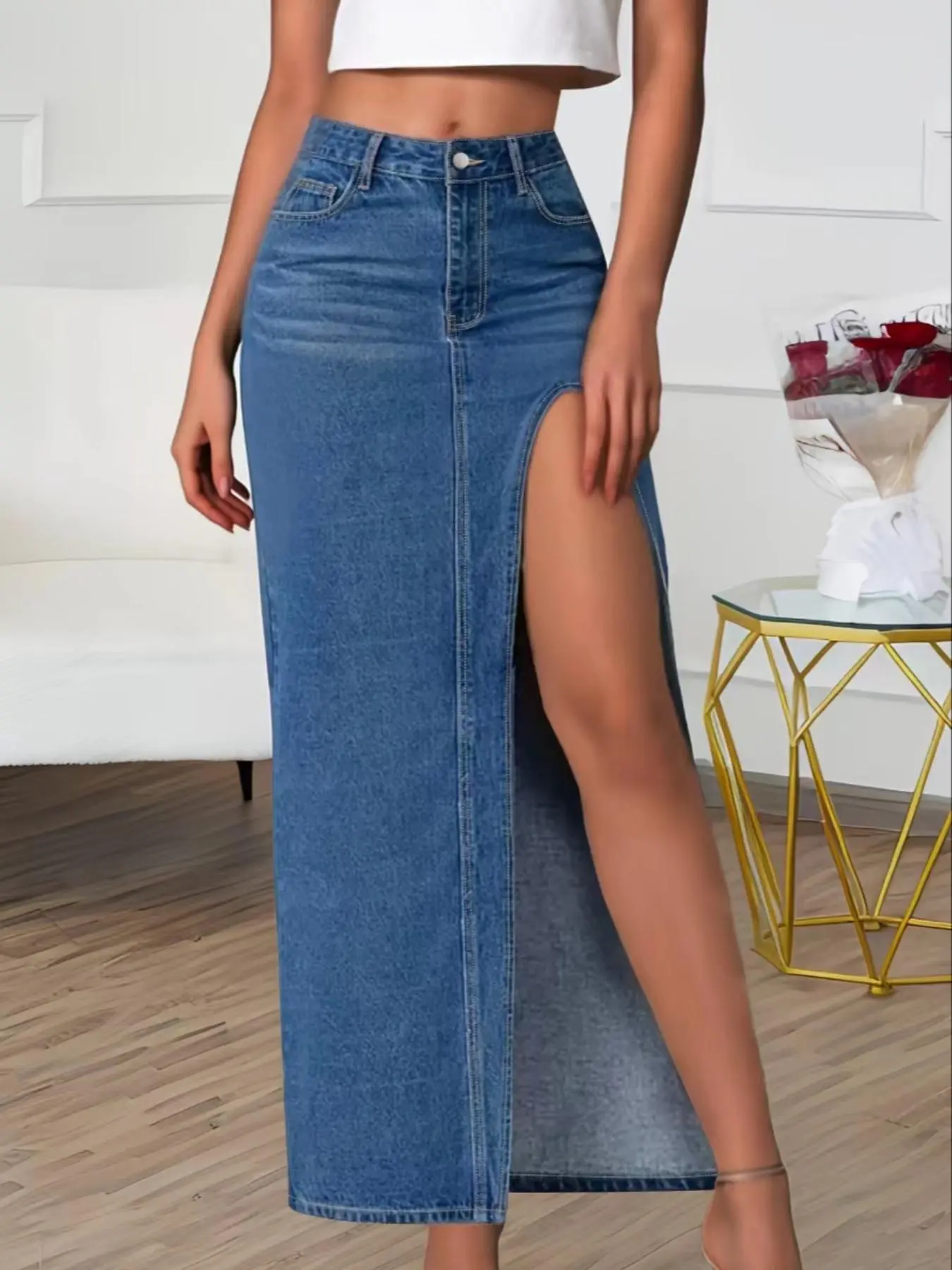 Women's Split Thigh  Denim Skirt, Street Fashion Skirt, Casual Fashionable Skirt, Casual Pocket Button  Long Skirt for Daily Wear, Casual Streetwear Skirt, Ladies Bottoms for All Seasons