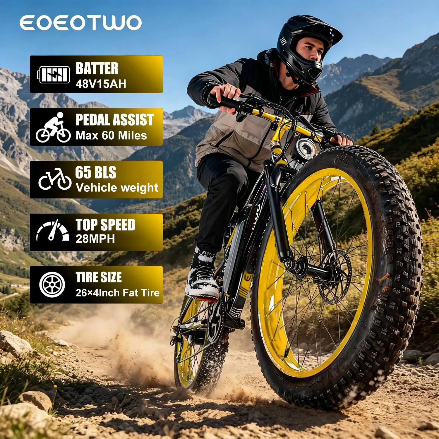 EOEOTWO Adults' Electric Bike (Ebike)  48V 15Ah Detachable Battery, 29.6kg Weight, 26-Inch Wide Tires, City Bike for Commuting & Off-Road, Rainy and Snowy Weather Suitable,outdoorfun