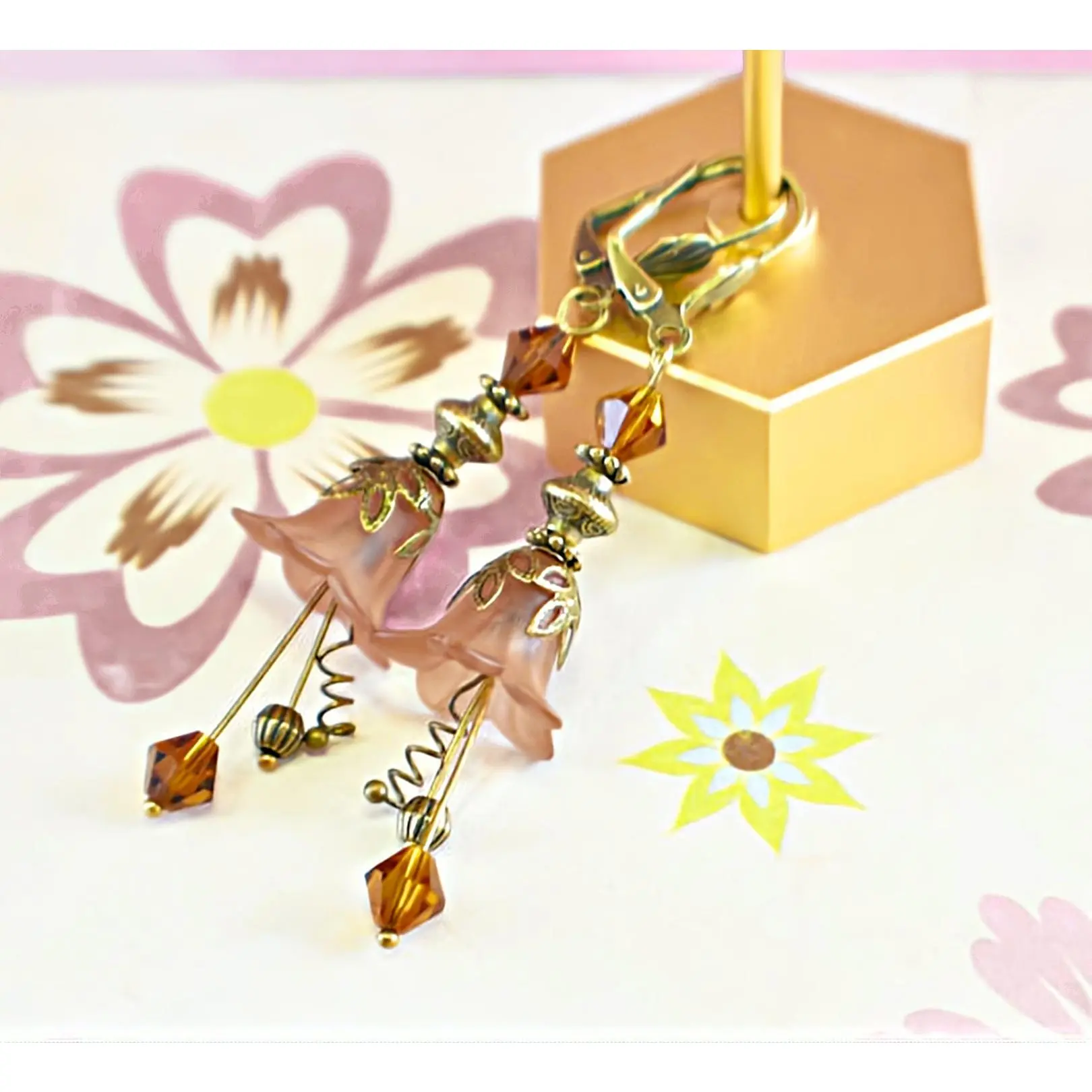 Chic Brico Vintage Victorian Style Chocolate Brown and Antique Bronze Bell Flower Lucite Earrings