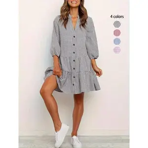 Women’s gingham print button-front ruffle-hem shirt dress, casual bishop sleeve notched-neck short dress for spring and fall, women’s everyday wear, casual dresses GARMENTARY