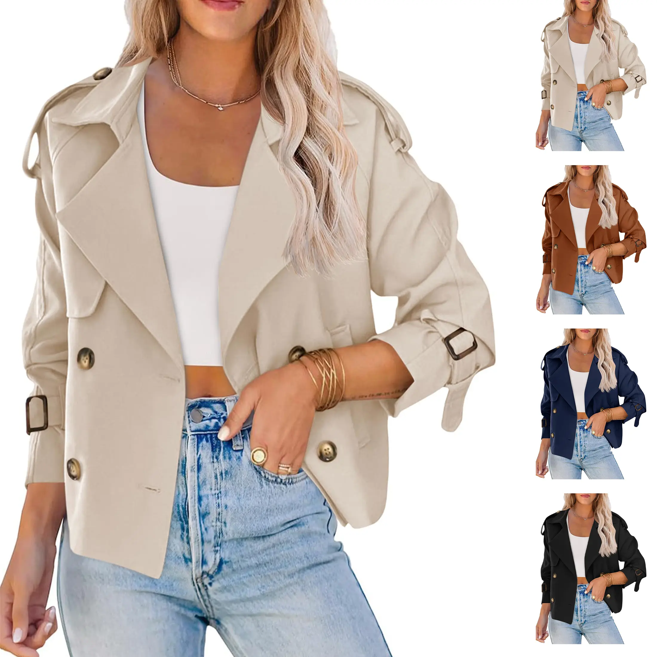 Buenoble Women Cropped Trench Coat Double Breasted Short Windbreaker Lapel Epaulet Buckle Cuff Casual Crop Jacket Outerwear for Spring Fall