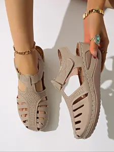 Women's Fashionable Plain Color Strappy Platform Sandals, Casual Comfortable Lightweight Wedge Sandals for Summer, Female All-match Round Toe Leather Sandals for Daily Wear, Walking Shoes, Breathable Platform Sandals, PU Leather Sandals