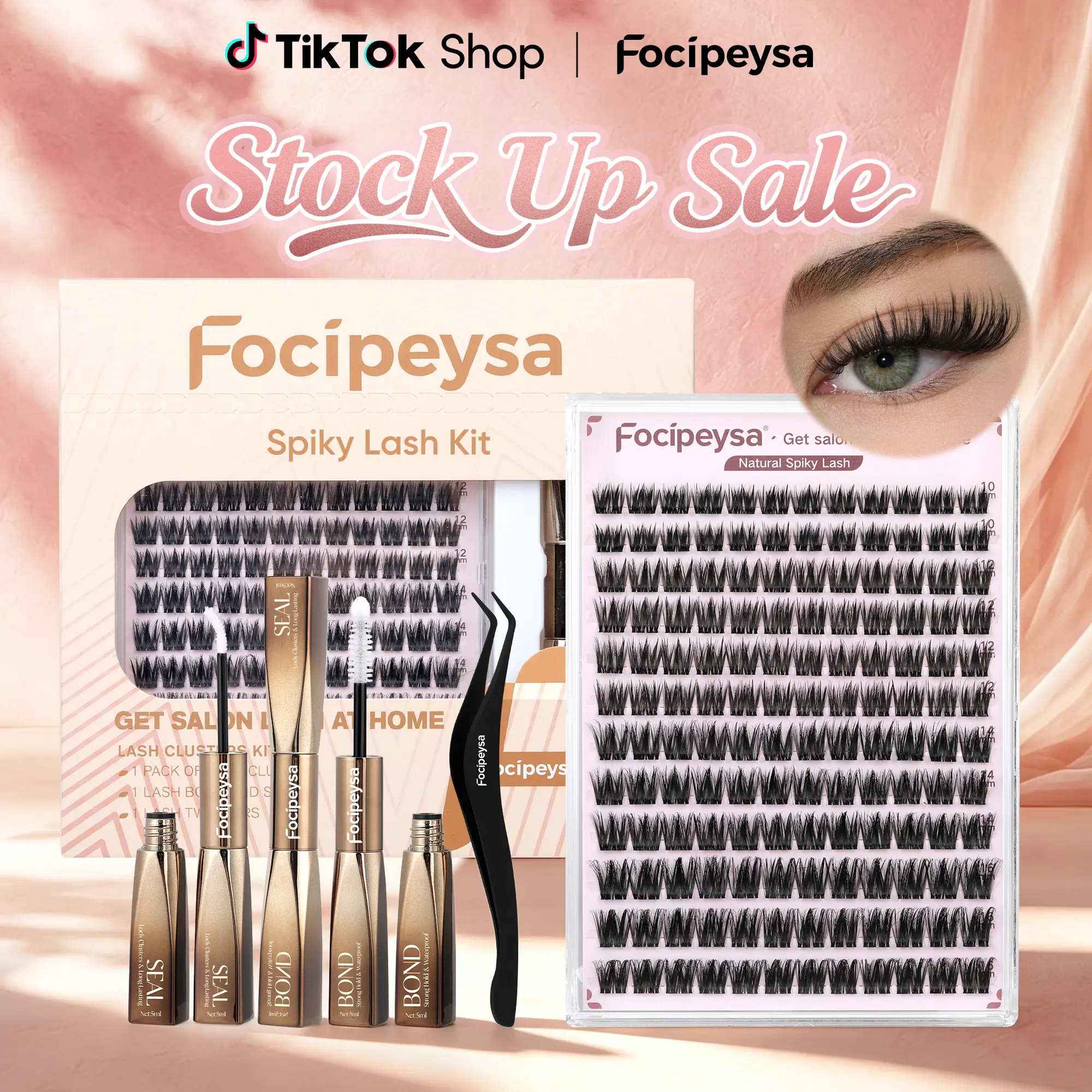 Focipeysa Natural Spiky Eyelash Clusters Kit | Lightweight Fluffy Eyelashes with Bond and Seal, Tweezers | Cosmetic Individual Lashes, 12-16mm Waterproof Long-Lasting, Beginner-Friendly for Clean Girl Makeup