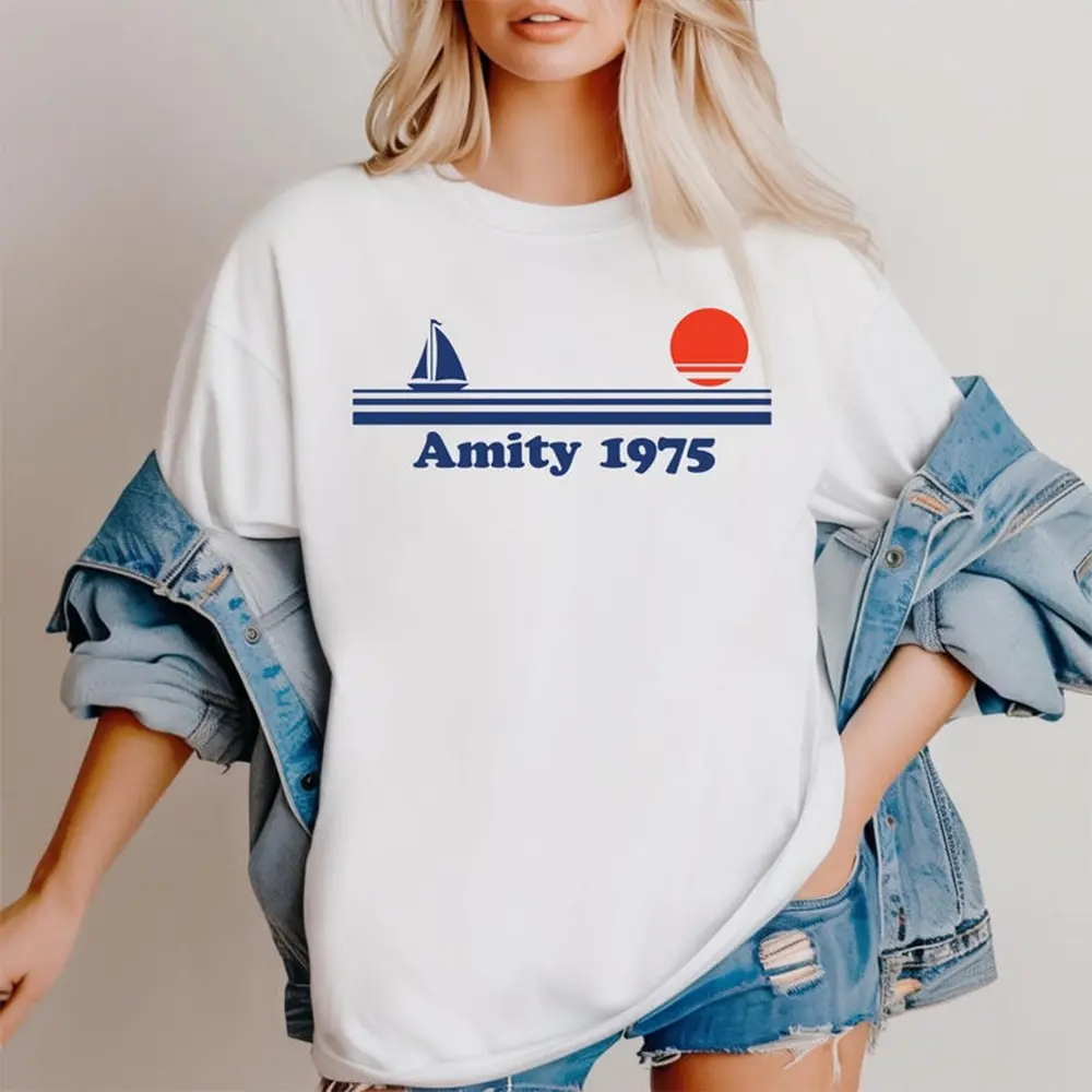 Unisex Jaws Amity Island 1975 Smooth Short-Sleeve Lightweight Fit Movie Graphic Tee, Retro Beach Vacation Sport Top, Print