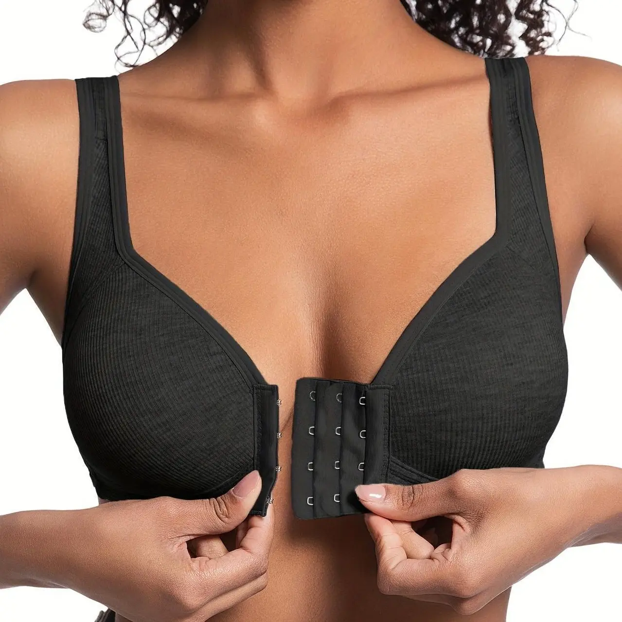 EssElegance Women's 2PCS Front Closure Wireless Bra - Seamless, Side Support, Adjustable, Breathable, Fit, Modest, Light, Soft Comfort Everyday Lingerie for Spring Summer, Comfortable, Strap, Push Up, Plain, Front Snap