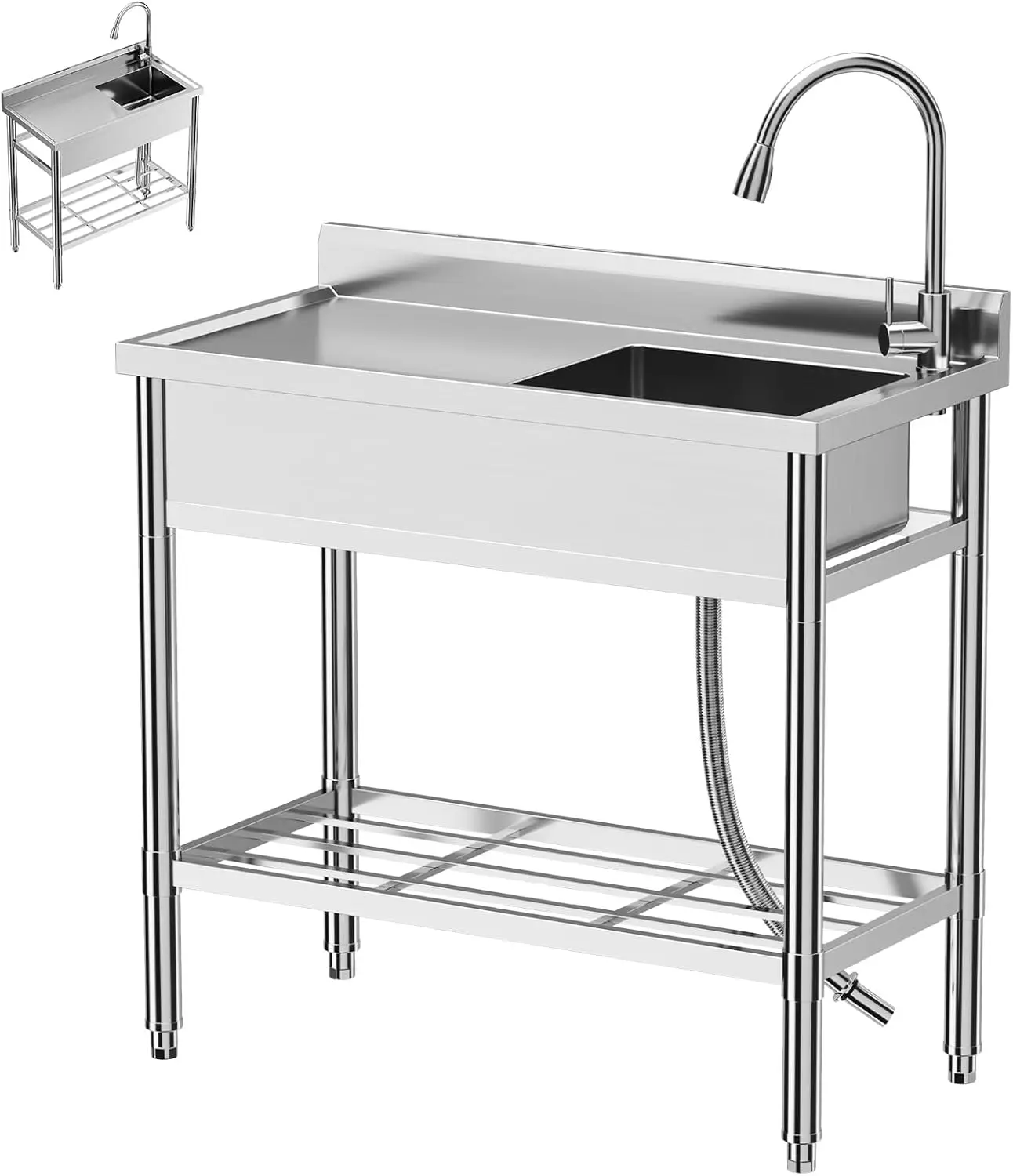 Stainless Steel Utility Sink, Free Standing Single Bowl Commercial Sink Set w/Workbench Storage Shelf & Hot/Cold 304 Stainless Faucet
