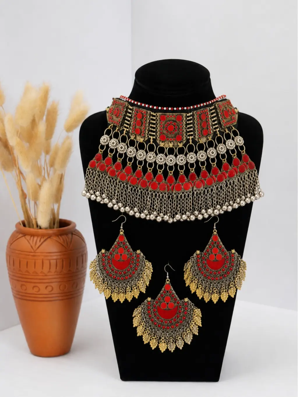Women's Silver-Tone Traditional Afghan Kuchi 3-Piece Costume Jewelry Set - Necklace, Earrings for Weddings, Eid