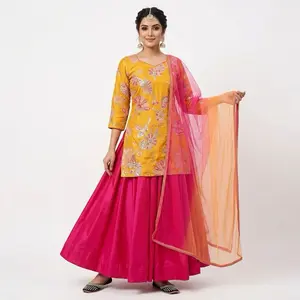 Indian Casual Dress for Women - Yellow & Pink Color Block with Embroidered Detailing