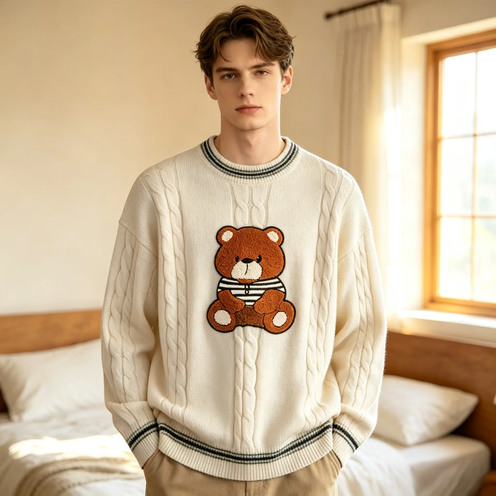 Men’s minimalist printed knit pullover sweater with a crew neck and regular fit, made from polyester fiber in a street-style design; ideal for everyday casual wear in autumn and winter; fashionable printed top.