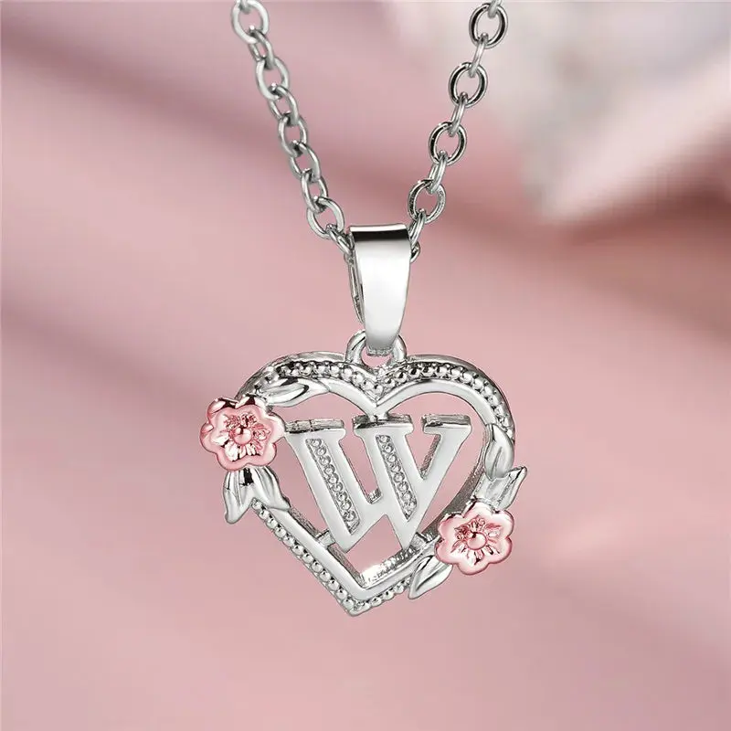 1pc A–Z Initial Silver Necklace with Flowers – Personalized Heart Pendant