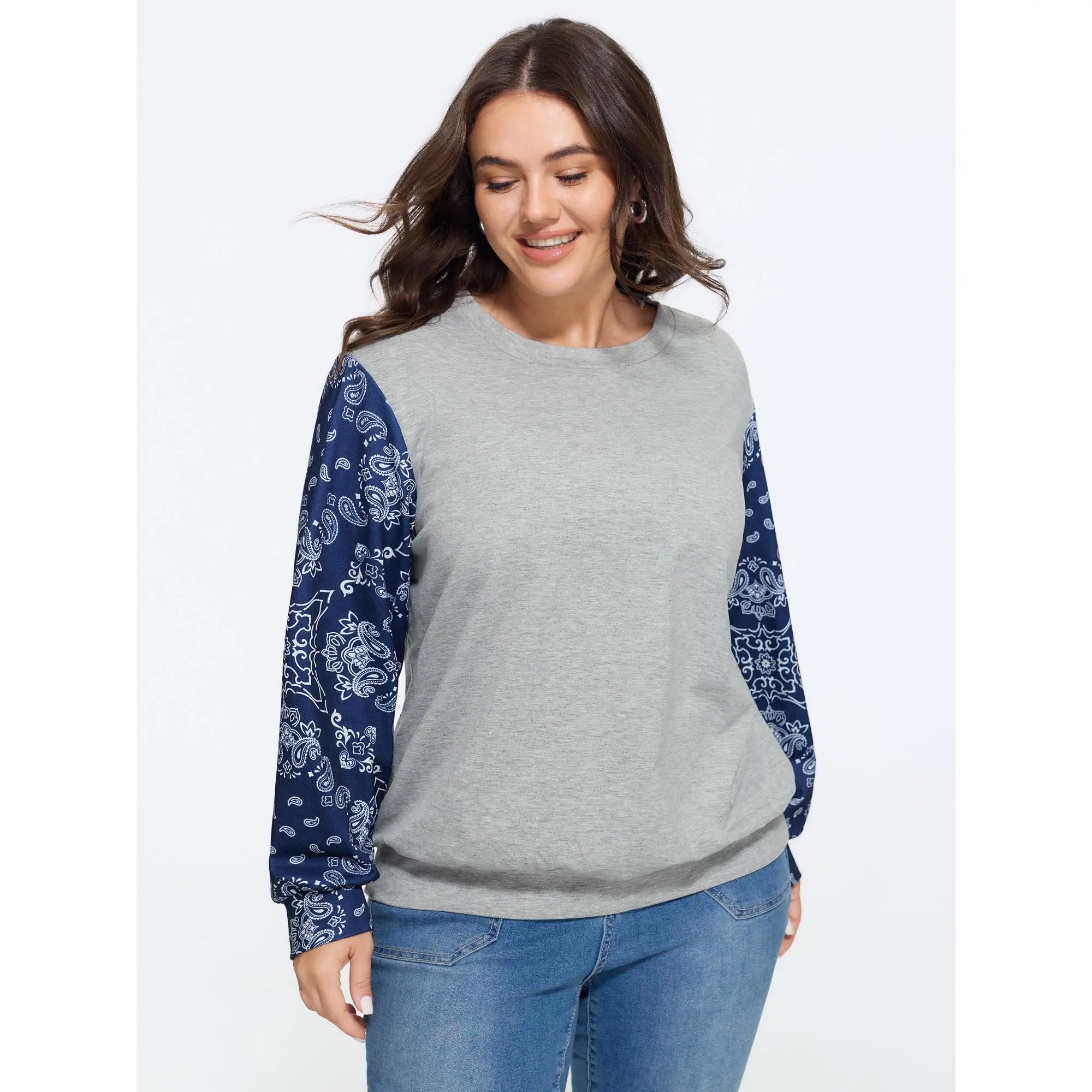BLOOMCHIC Women's Plus Size Spandex Fabric Floral Paisley Print Raglan Long Sleeve Patchwork Knitwear Sweatshirt Garment, 2026 Summer Finds [M-6X]