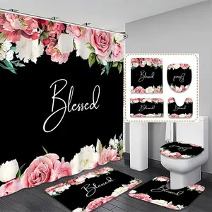 Creative Rose Pattern Waterproof Shower Curtain Set with Hooks, Bathroom Rug, U-Shaped Toilet Mat, Toilet Lid Cover, Bath Decor Gift