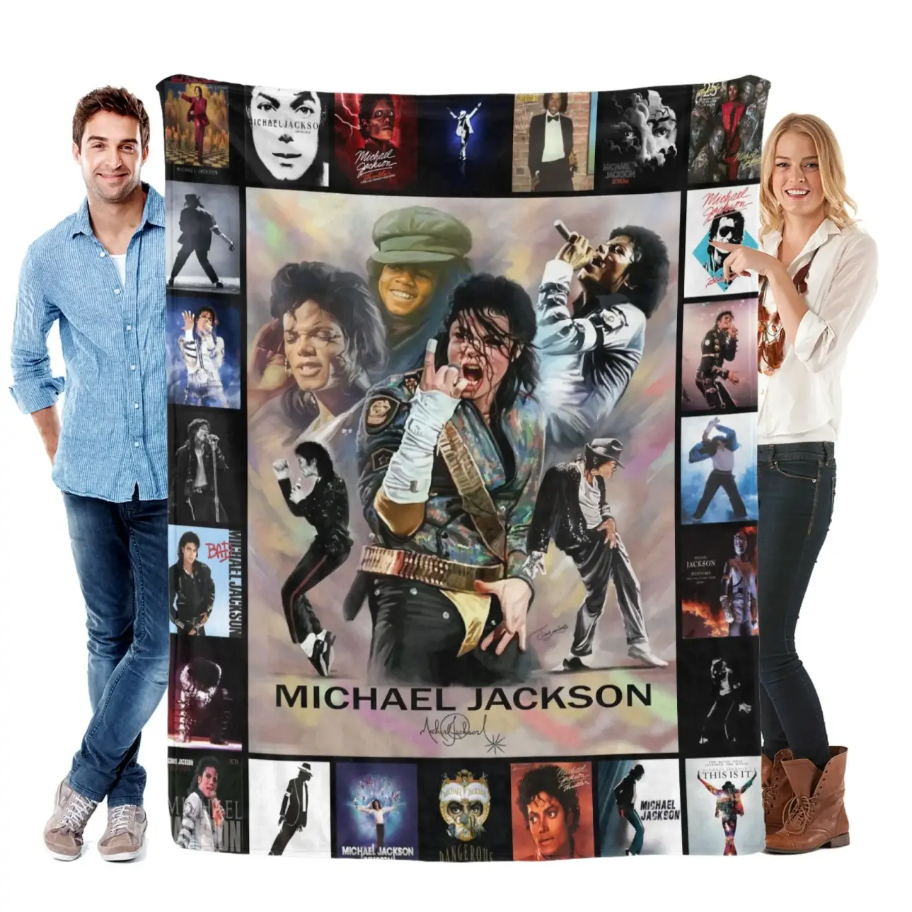 Michael Jackson MJ Throw Blanket, Music Legend Portrait Collage Blanket, Iconic Singer Career Moments Graphic Design Soft Cozy Plush Bed Blanket, Pop Culture Fan Gift for Bedroom Decor Couch Sofa Living Room