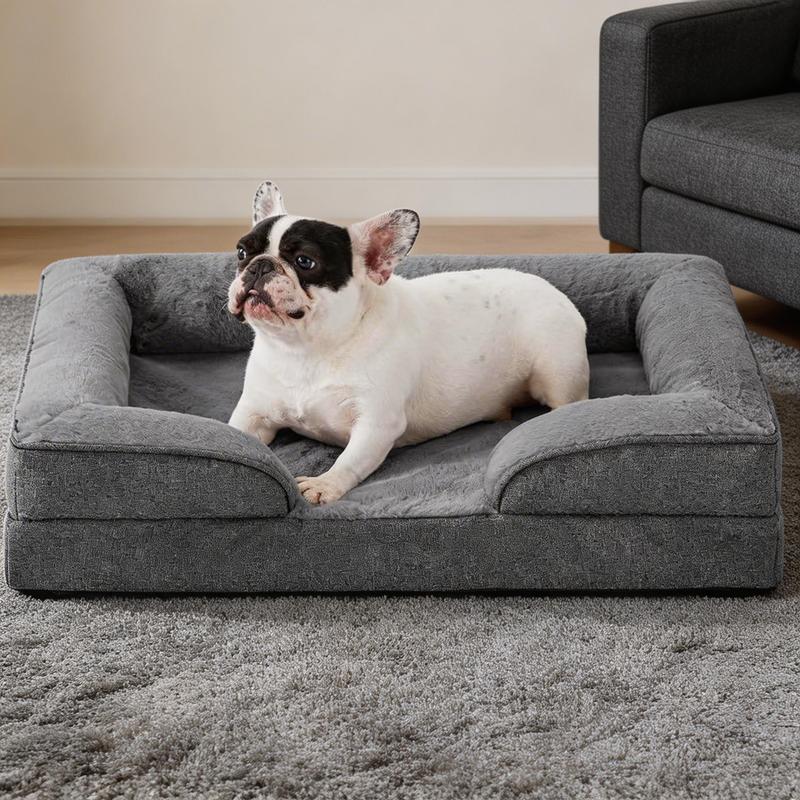 Orthopedic Polyurethane Memory Foam Dog Sofa Bed - Polyester Cover, Comfortable Headrest Cradle, Raised Bolster, Joint Pain Relief, Spine Support, Non-Slip Floor Grip, Detachable Washable Cover, Protects Foam Core, Essential for Pet Owners