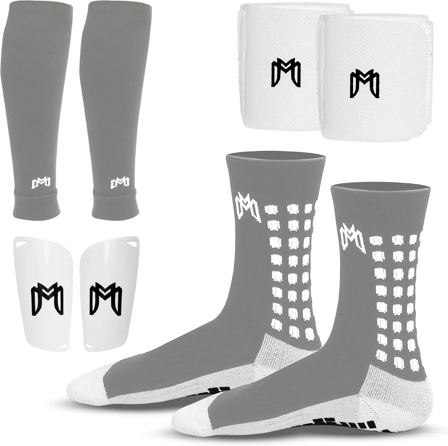 Unisex Soccer Grip Socks, Shin Guards, Pre-Cut Sock Sleeves & Guard Straps Bundle Pack - Essential Protective Gear for Soccer Players - US Sizes 7-12 Men's Shoe Size, Sporty Chic