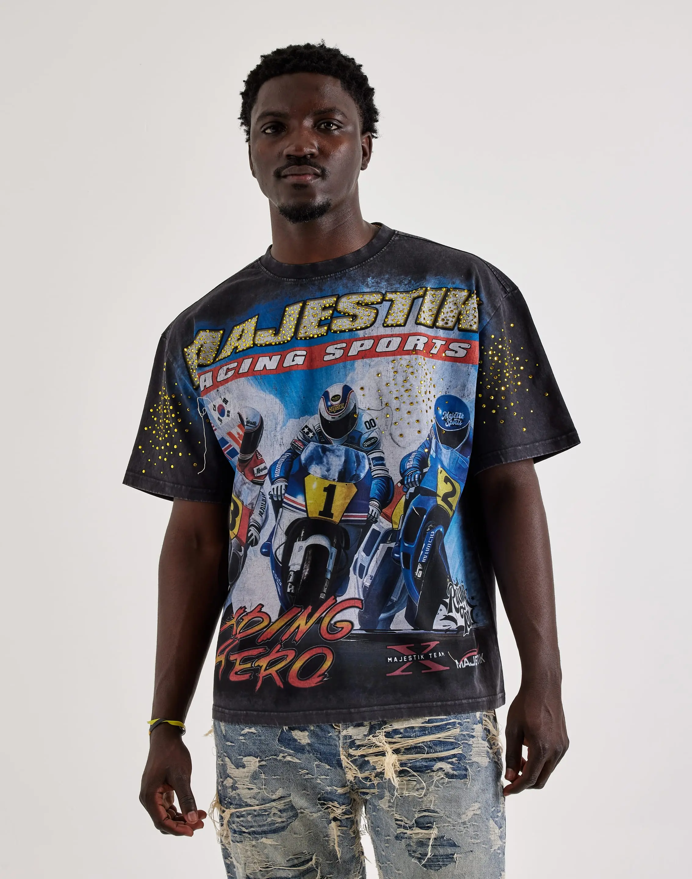 Mens Majestik Riding Here Rhinestone Tee