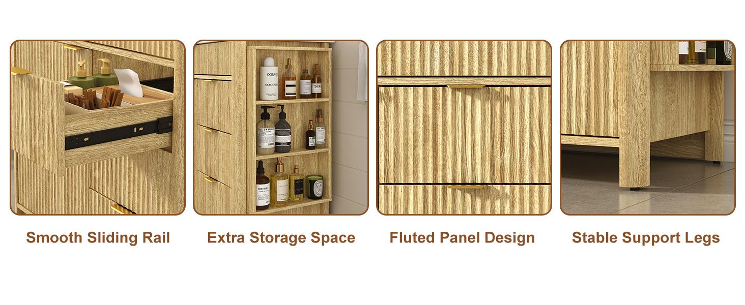 48" Fluted Bathroom Vanity with Sink & Faucet Combo, Modern Bathroom Cabinet with Door, 3 Drawers and Side Storage Shelves, Ideal for Guest Room and Apartment Use