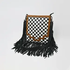American Darling Checkered Western Crossbody Bag Black & White Tan Leather Trim