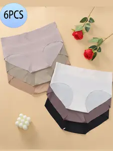 6 pieces of women's mid-rise panties, available in multiple simple colors, soft, comfortable, and breathable, with a solid color, mid-rise seamless design, fashionable and trendy women's underwear