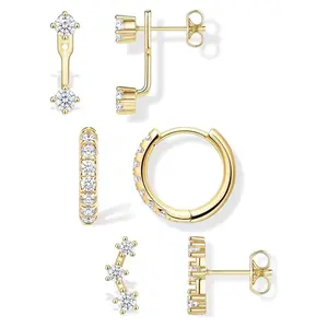 3 Pairs Dainty Gold Stud & Huggie Earrings Set – Birthstone Cartilage Stack