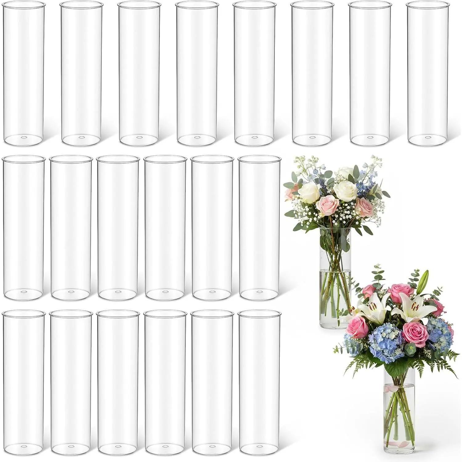 Molain 20 Pcs Plastic Small Cylinder Vases, 7" Tall x 2.1" Diameter Cylinder Vase for Centerpieces MultiUse Flower Vase Bulk Small Clear Flower Container for Wedding Bridal Shower Birthday Living Room